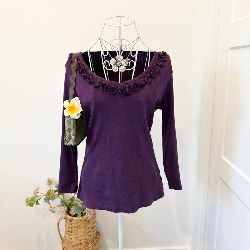 Cute vintage y2k tight purple rose embroidered 3/4 length sleeve tee